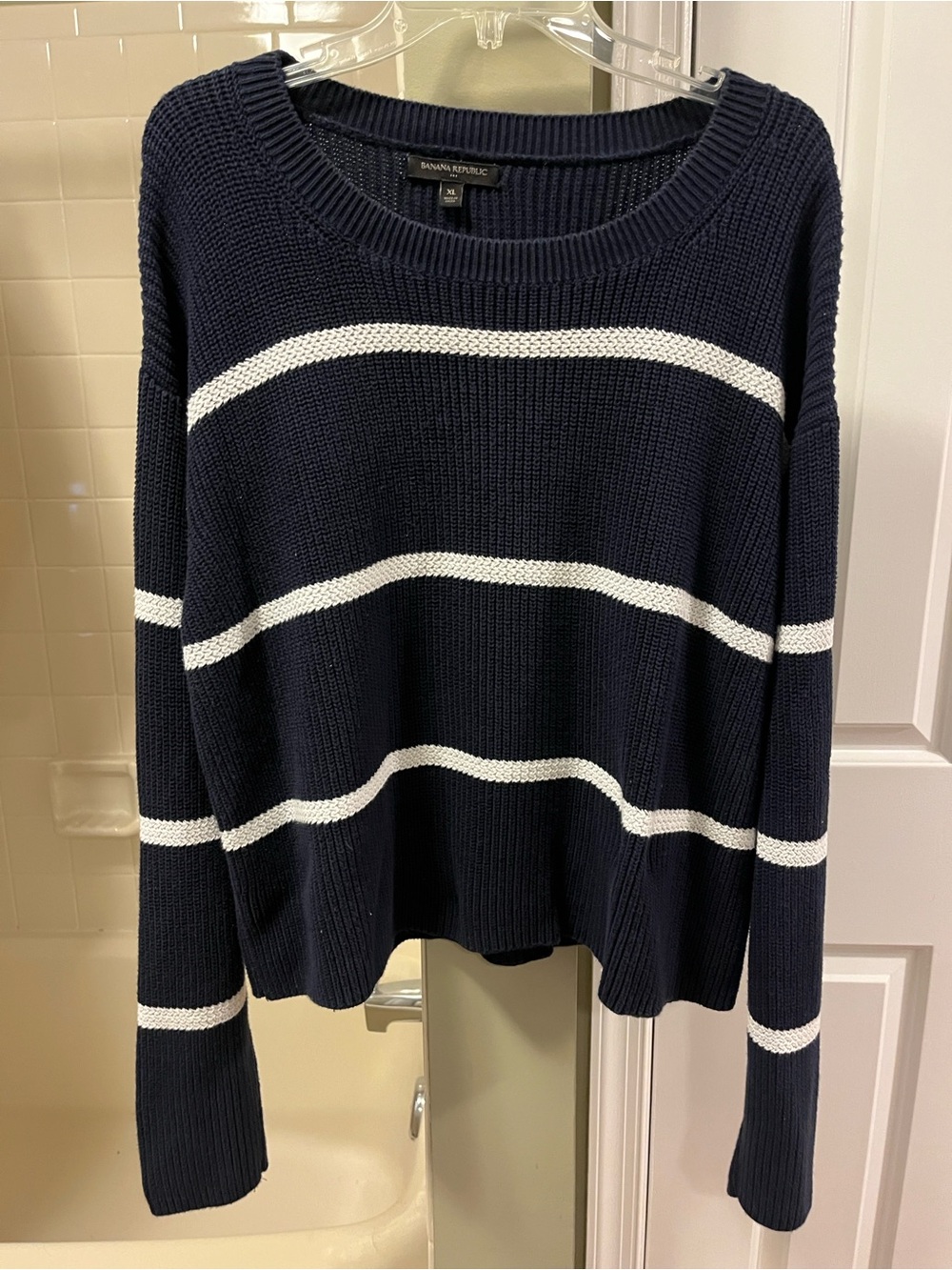 Banana Republic Navy with White Horizontal Stripe Crew Sweater. Size XL.